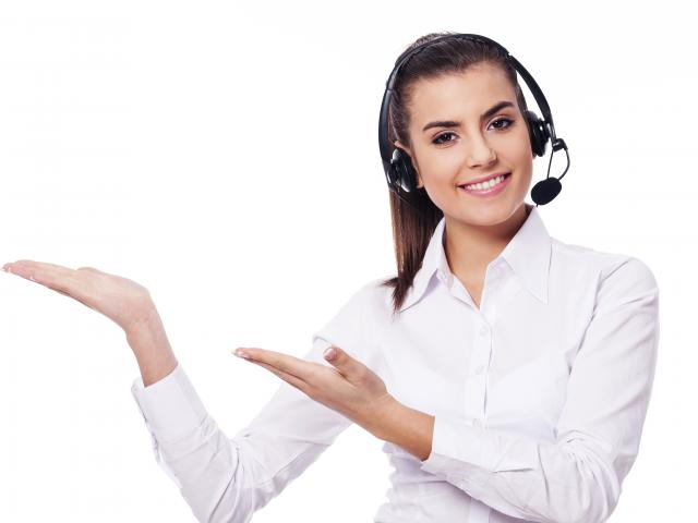 Smiling woman in headset presentation something