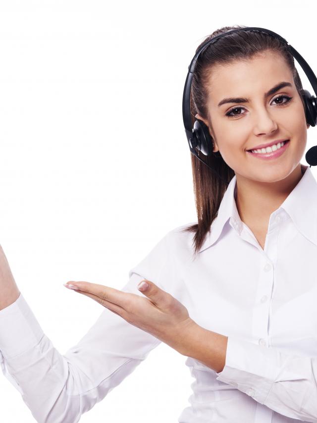 Smiling woman in headset presentation something